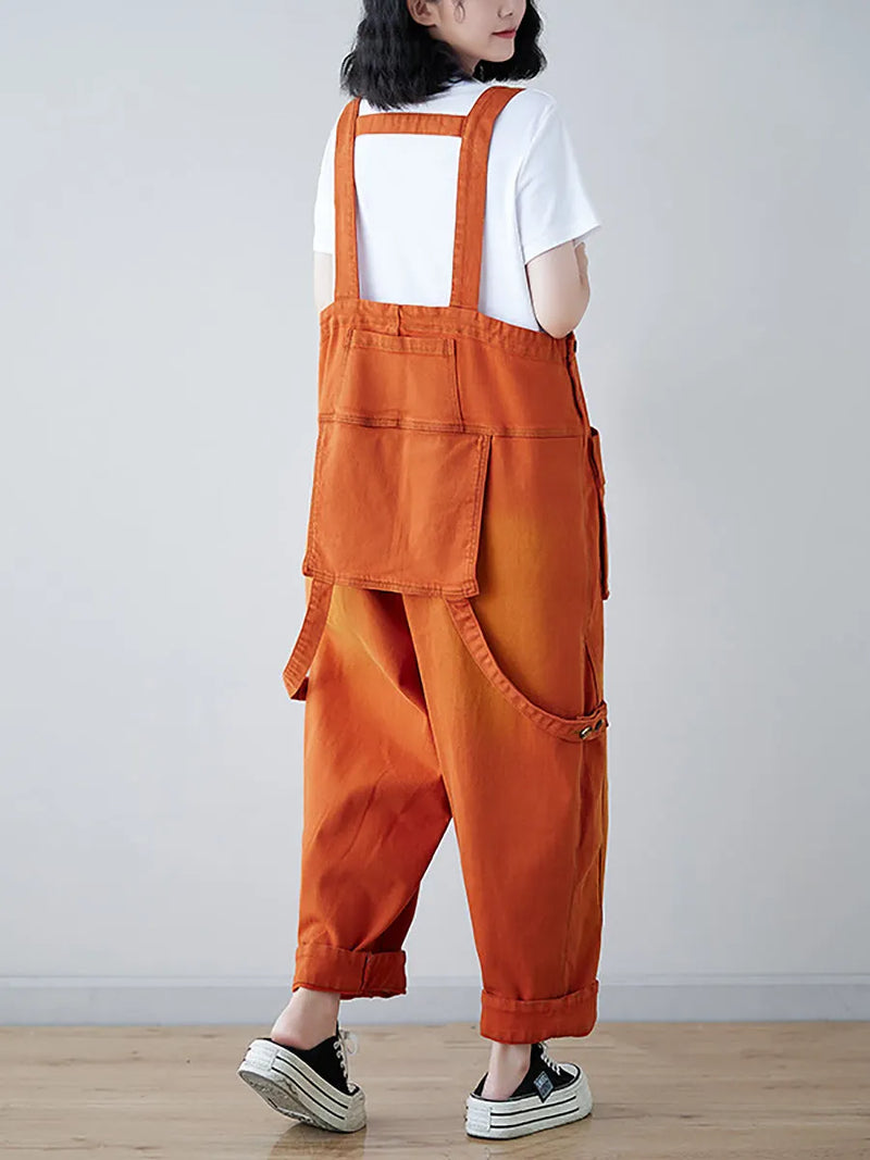 Spliced Washed Denim Loose Jumpsuits