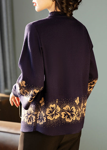 Dark Purple Print Cotton Knit Cardigans and Sweaters Two Pieces Set Three Quarter Sleeve