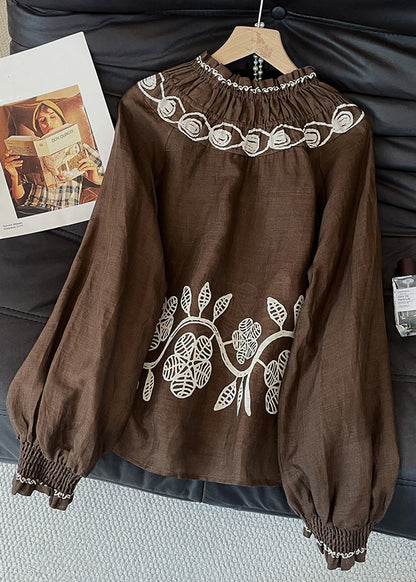 Coffee Embroidered Wrinkled Cotton Blouses Fall