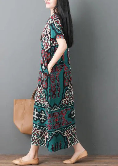 Loose Waist Cotton Linen Soft Surroundings Linen Green Prints Dresses Summer