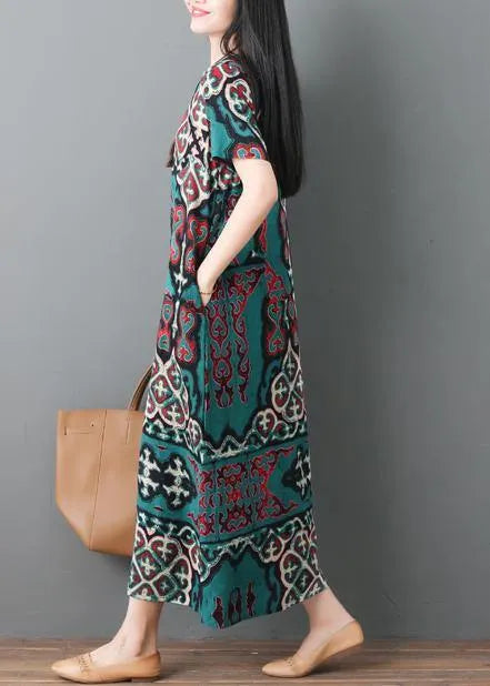 Loose Waist Cotton Linen Soft Surroundings Linen Green Prints Dresses Summer