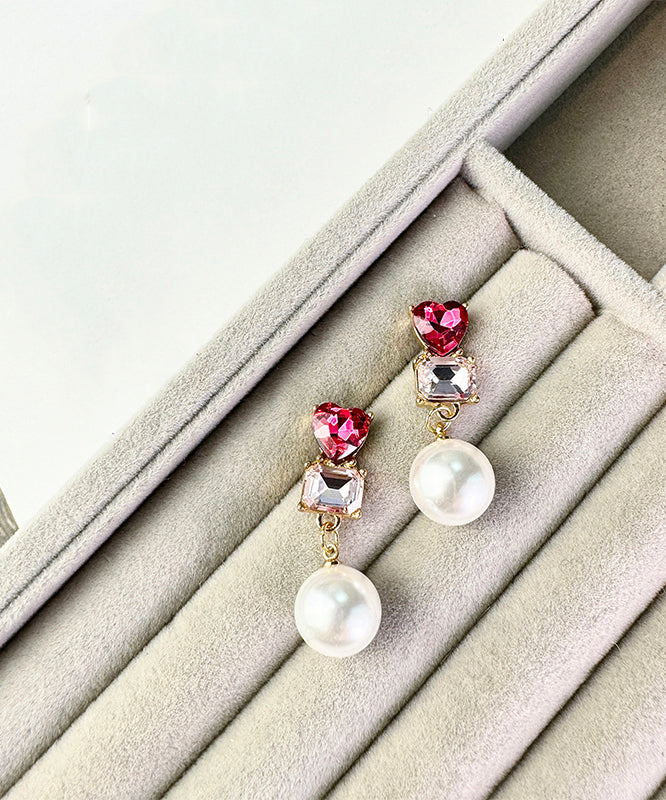 Red Sterling Silver Alloy Love Crystal Zircon Pearldrop Earrings