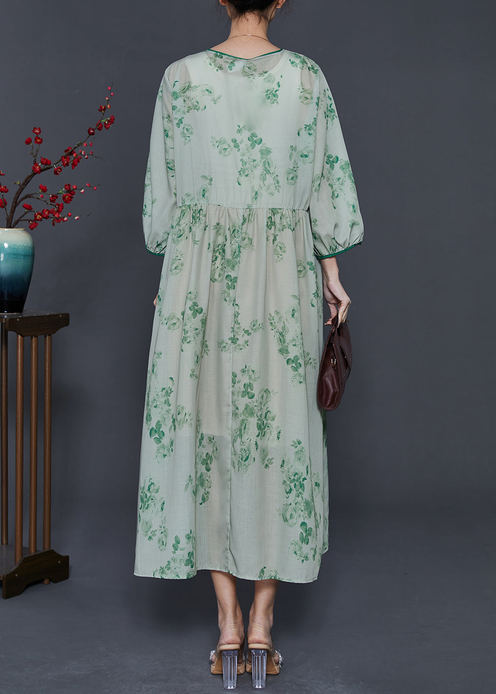 Green Print Linen Oriental Dresses Bracelet Sleeve