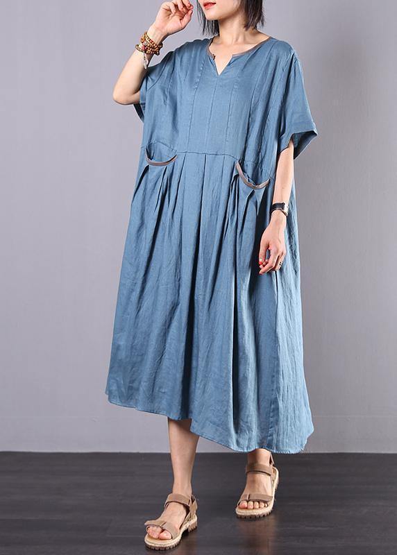 French Blue Linen Clothes for Big Hem a Line Summer Dress