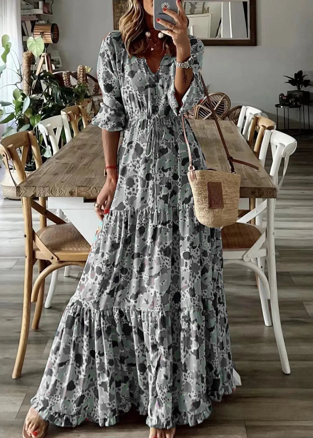 Loose Orange Ruffled Print Patchwork Cotton Long Dress Summer