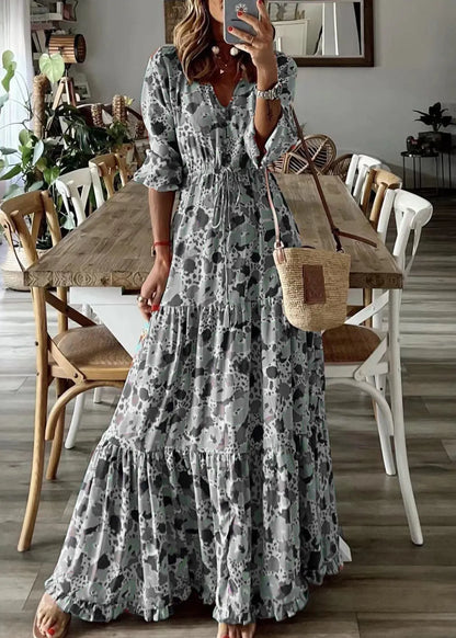 Loose Orange Ruffled Print Patchwork Cotton Long Dress Summer