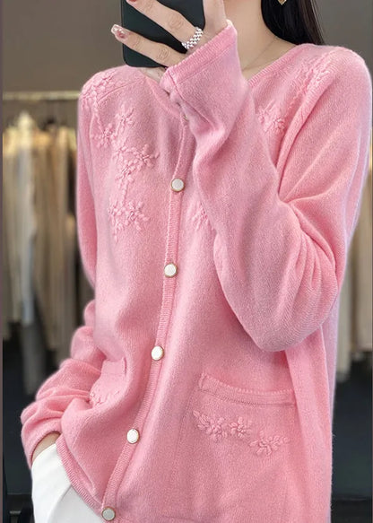 Pink O-neck Cashmere Knit Cardigan Fall