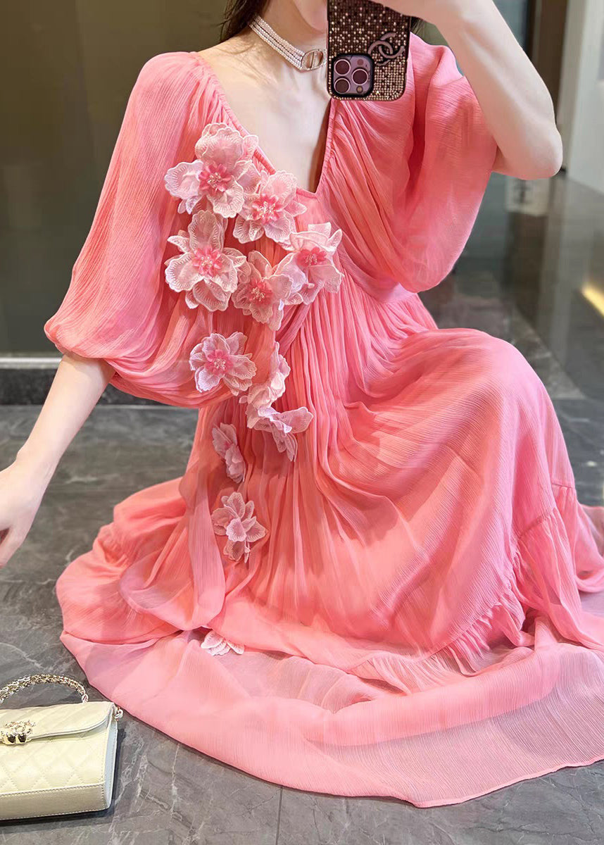 Pink V Neck Silk Vacation Long Dresses Short Sleeve