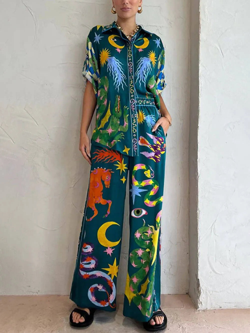 Loose Elastic Waist Unique Print Pocketed Wide Leg Pants Set
