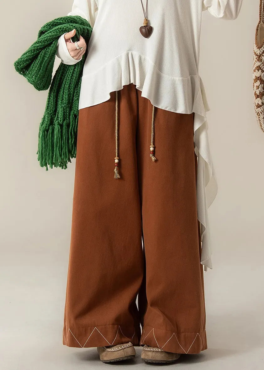 Loose Orange Drawstring Cotton Wide Leg Pants Fall