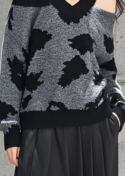 Grey Cold Shoulder Jacquard Knitted Tops Fall