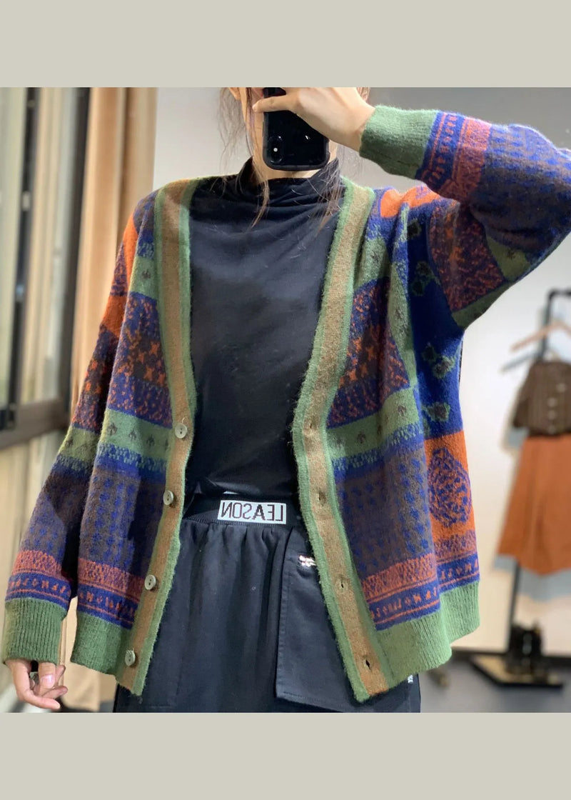 Red V Neck Print Button Knit Loose Cardigans Coat Fall