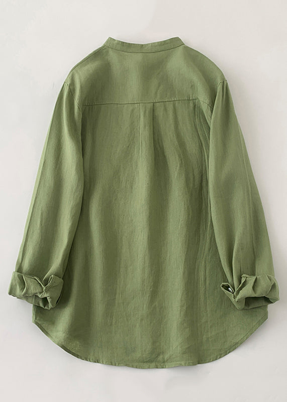 Loose Green O-neck Button Linen Shirts Spring