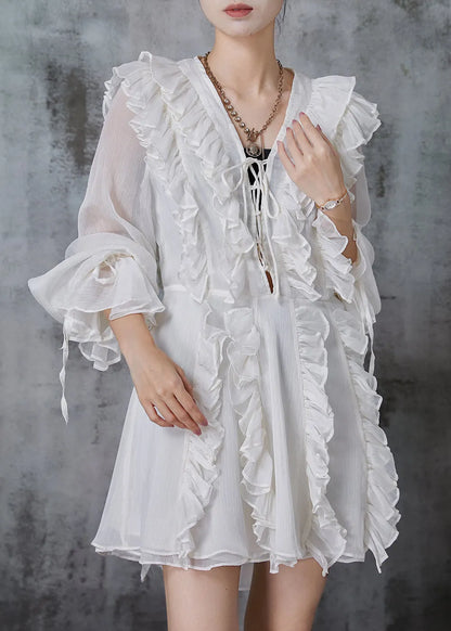 White Ruffled Chiffon Tea Dress Summer