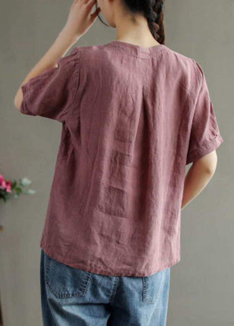 Loose Pink V Neck Embroidered Summer Linen Shirt
