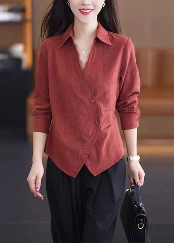 Handmade Red Lace Patchwork Button Shirt Spring