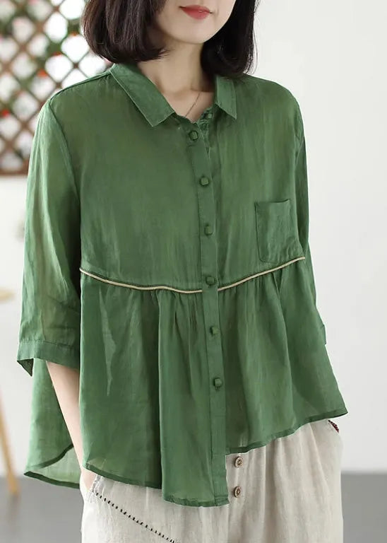 Purple Peter Pan Collar Asymmetrical Patchwork Button Ramie Shirts Half Sleeve
