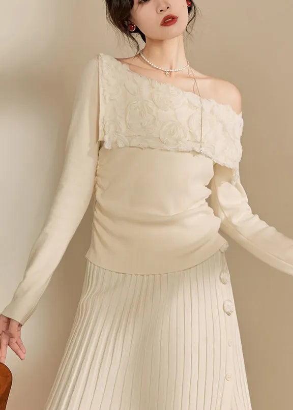 White Cold Shoulder Cotton Knit Sweaters Fall
