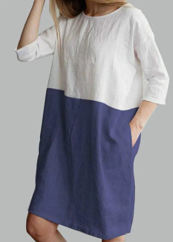 Loose Grey O Neck Patchwork Cotton Mid Dress Bracelet Sleeve