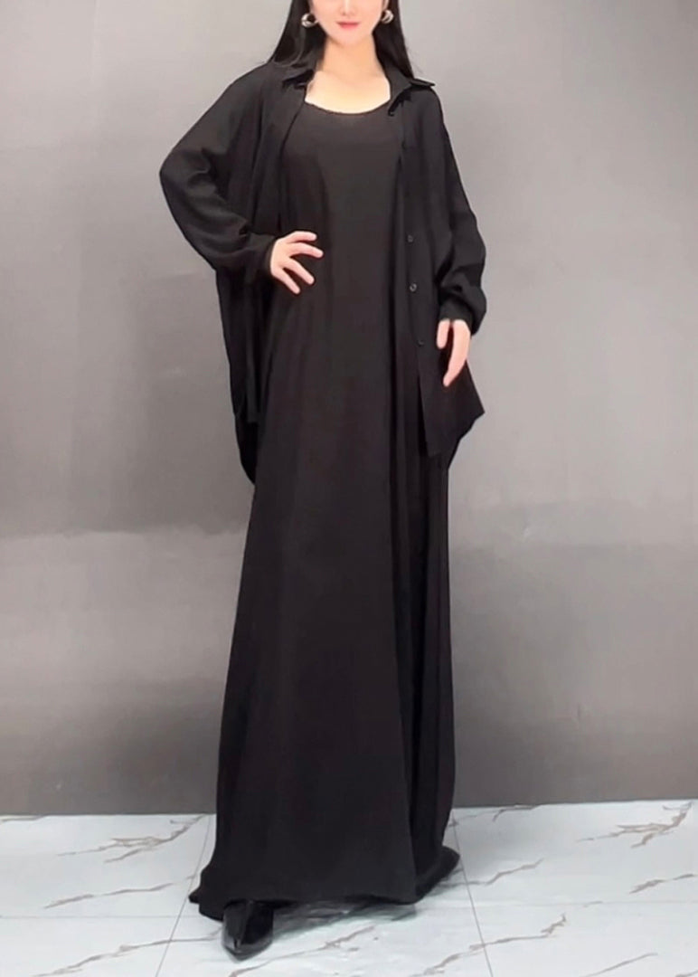 Black Peter Pan Collar Shirts and Maxi Skirts Two Piece Set Fall