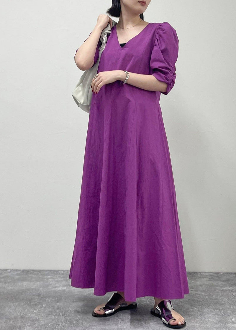 Purple Puff Sleeve Cotton Party Dress Summer