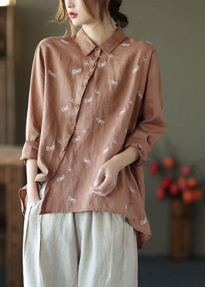 Khaki Peter Pan Collar Button Fall Asymmetrical Design Top Long Sleeve