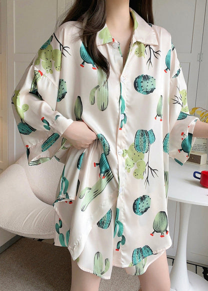 Beige Button Print Ice Silk Pajamas Two-piece Set Peter Pan Collar Spring