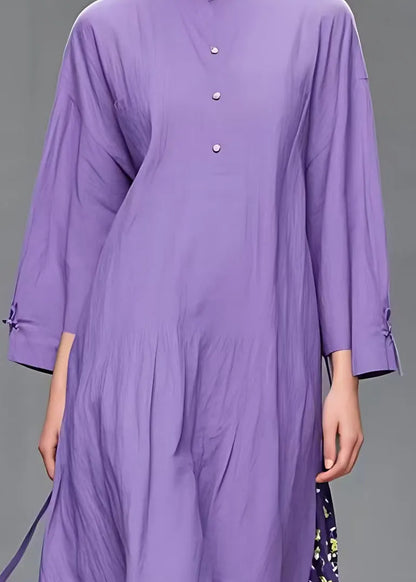 Simple Purple O-neck Print Patchwork Long Dress Fall