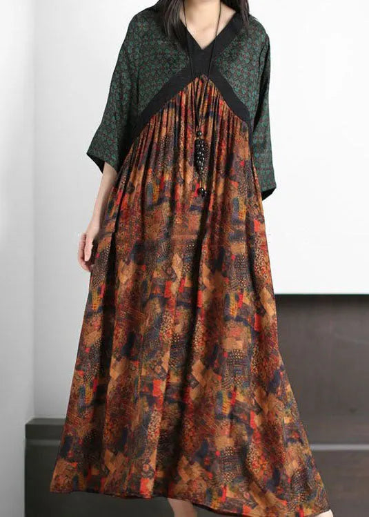 Unique Green V Neck Print Wrinkled Patchwork Silk Dress Summer