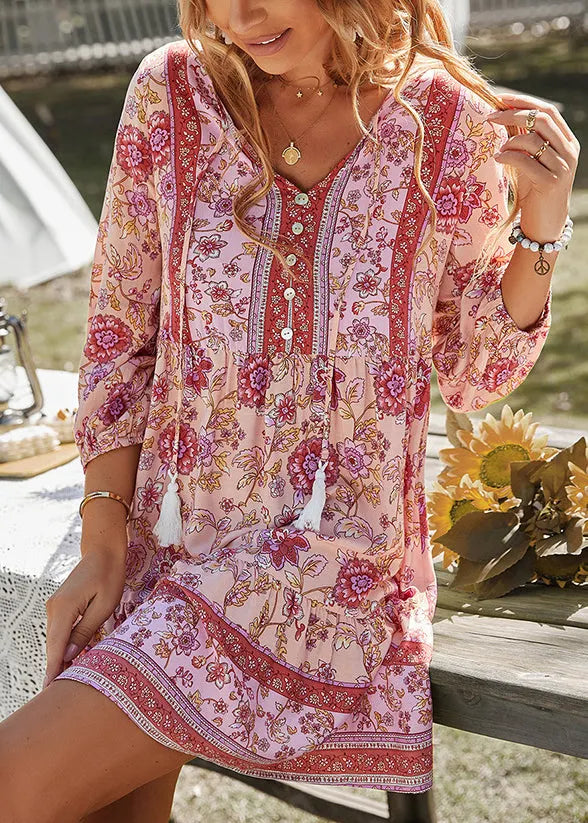 Blue V Neck Print Wrinkled Cotton Mid Dress Summer