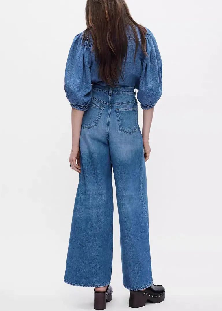 Denim Blue Button Shirts and Pants Two Pieces Set Half Sleeve