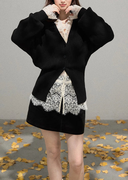 French Black V Neck Side Open Knit Coat Fall