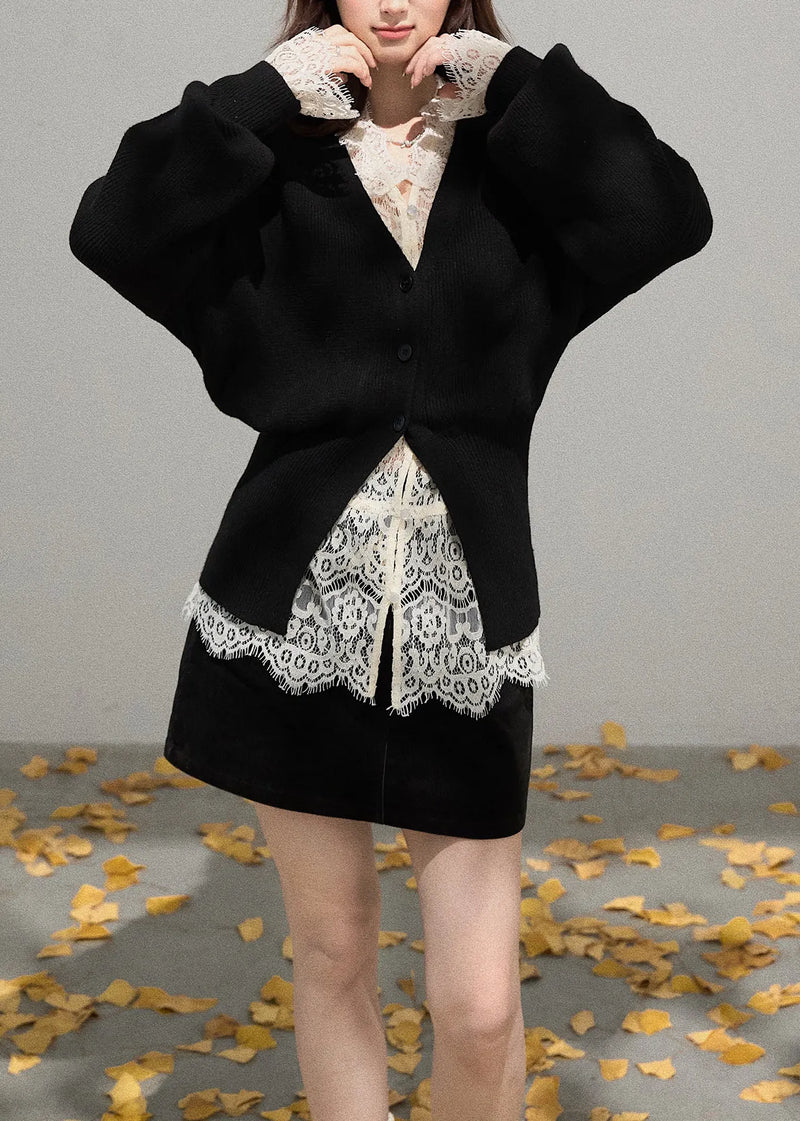 French Black V Neck Side Open Knit Coat Fall