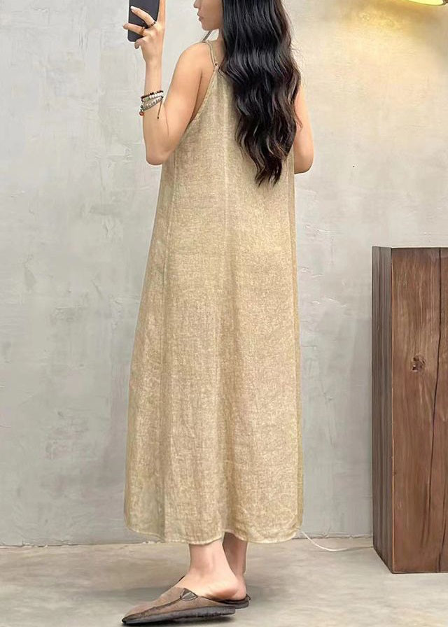 Loose Apricot V Neck Linen Spaghetti Strap Dress Sleeveless