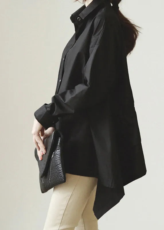 Black Peter Pan Collar Drawstring Cotton Blouse Tops Fall
