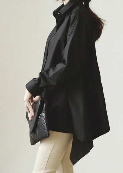 Black Peter Pan Collar Drawstring Cotton Blouse Tops Fall