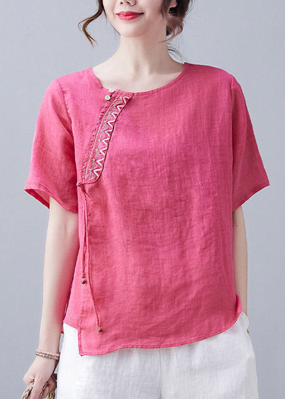 French Rose O-neck Embroidered Linen T Shirt Short Sleeve