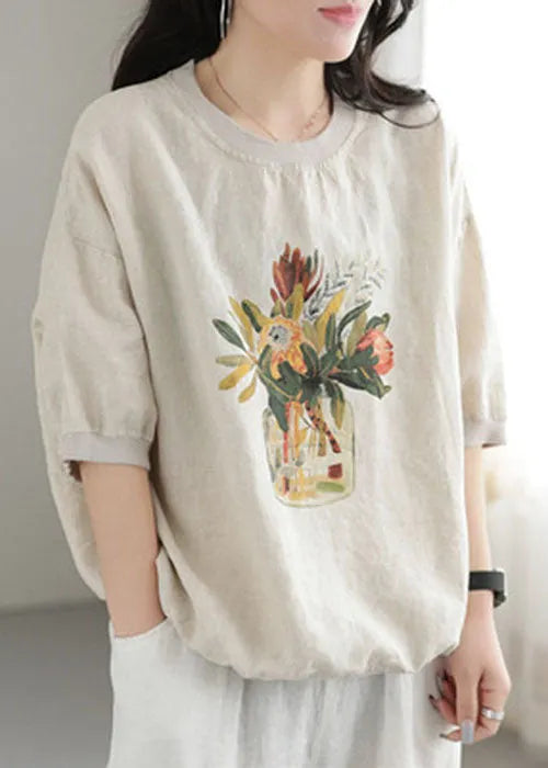 White Print Linen Sweatshirts Top O-neck Oversized Short Sleeve