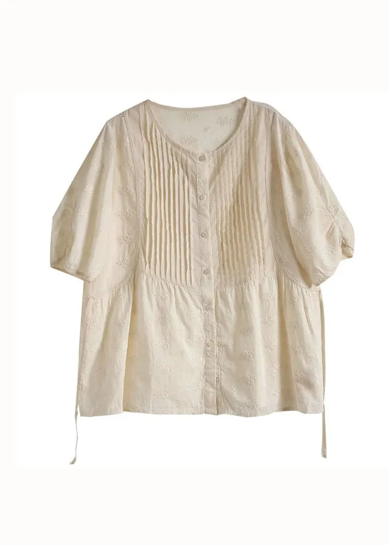 Unique Apricot Hollow Out Embroidered Wrinkled Patchwork Cotton Top Summer