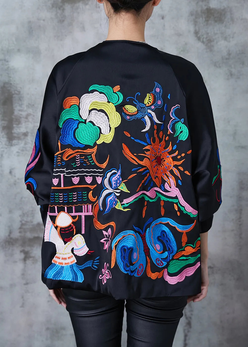 Black Embroidered Chinese Button Silk Coats Fall