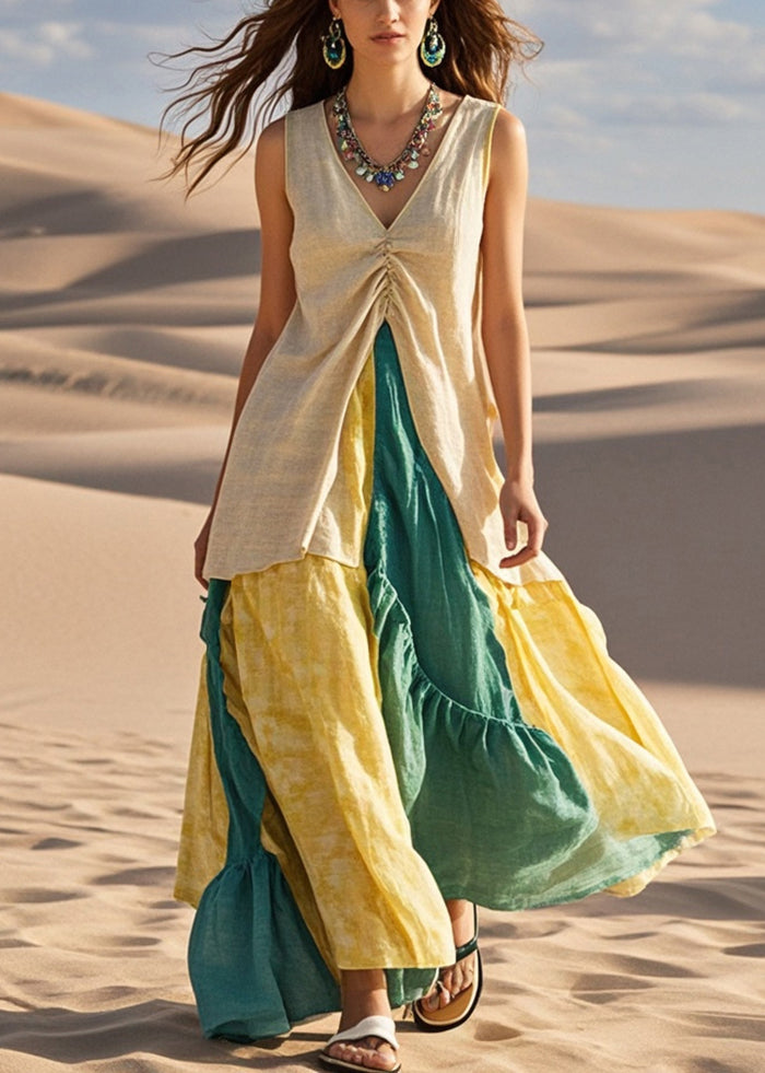 Khaki Cinched Patchwork Exra Large Hem Cotton Dress Sleeveless