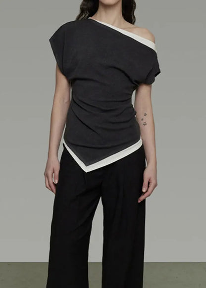 Dark Grey Cold Shoulder Asymmetrical Design Cotton Top Summer