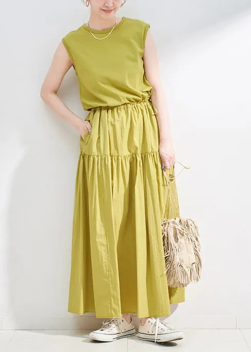 Grass Green Patchwork Cotton Long Dress Drawstring Sleeveless