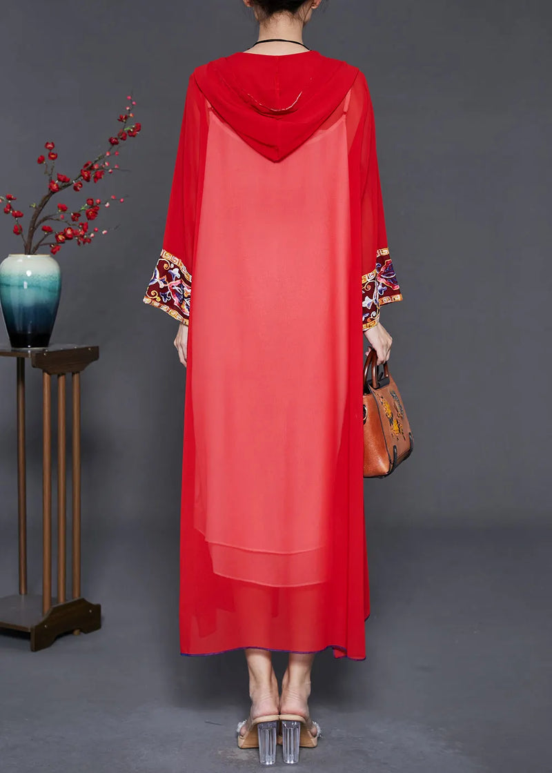 Red Embroidered Side Open Chiffon Hooded Cardigan Summer