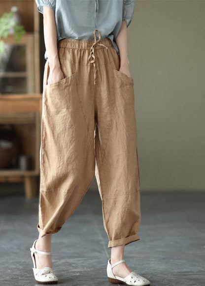 Art Grey Flower Tie Waist Pockets Summer Harem Pants Linen