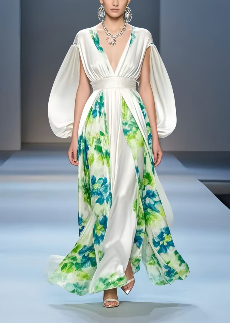 White Cinched Patchwork Silk Dress Cloak Sleeves