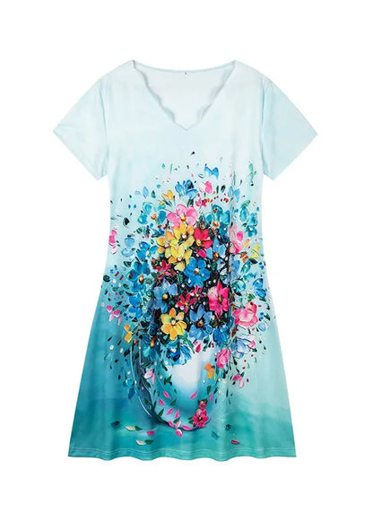 V Neck Print Cotton Loose Dress Summer