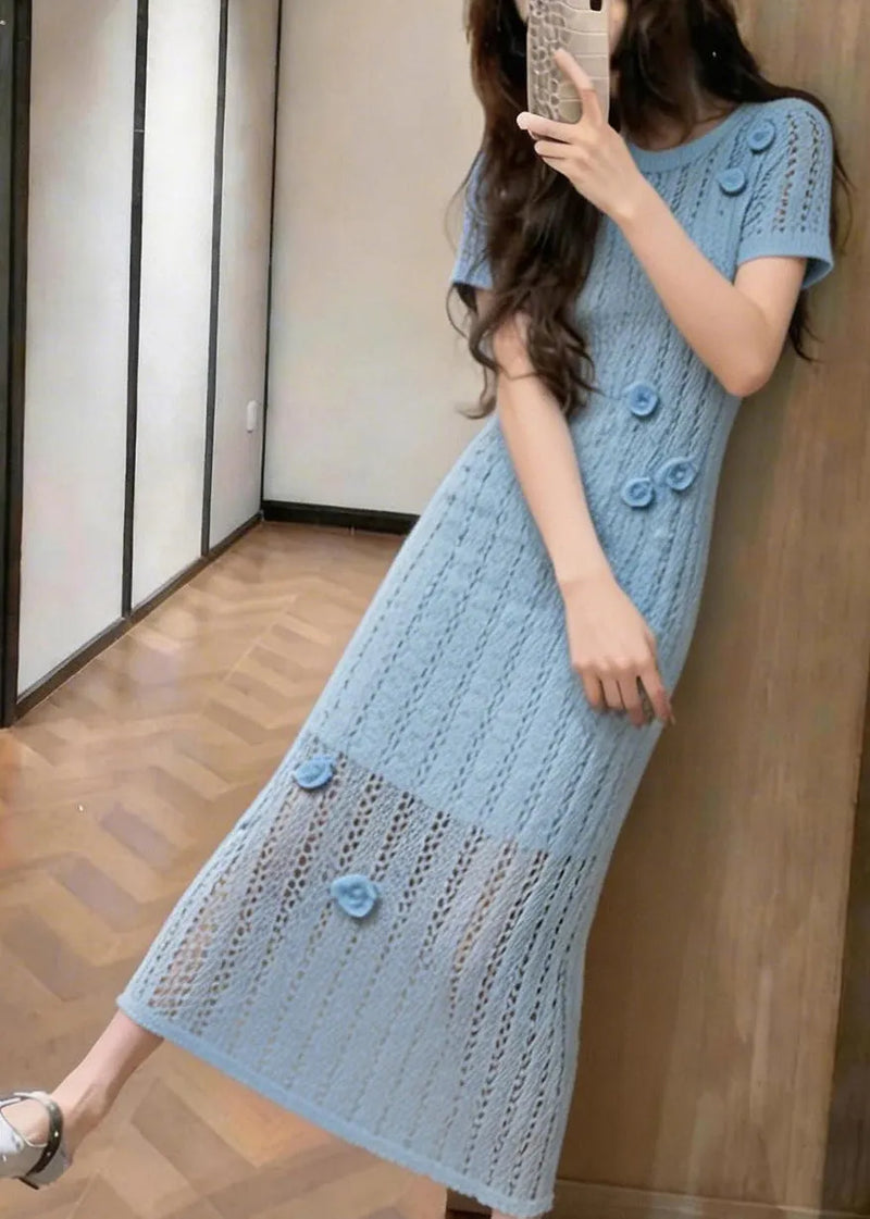 Blue Hollow Out Knit Ankle Dress Summer
