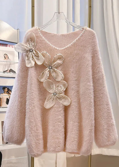Pink V Neck Cozy Mink Hair Knitted Sweater Winter