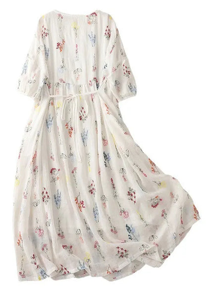 New White O-neck Lace Up Cotton Dresses Half Sleeve